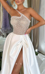 L1401 - Sexy A-Line Illusion Glitter One Shoulder Empire With Side Slit Party Prom Evening Dress