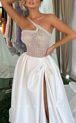 L1401 - Sexy A-Line Illusion Glitter One Shoulder Empire With Side Slit Party Prom Evening Dress