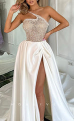 L1401 - Sexy A-Line Illusion Glitter One Shoulder Empire With Side Slit Party Prom Evening Dress