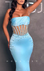 L1405 - Sexy Fitted Trumpt Strapless Sleeveless Illusion Party Prom Evening Dress