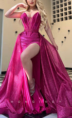L1411 - Chic A-Line Plunging Illusion Sleeveless Belt With Side Slit Party Prom Evening Dress