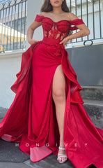 L1412 - Sexy Satin A-Line Off-Shoulder Illusion With Side Slit Train Party Prom Evening Dress