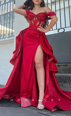 L1412 - Sexy Satin A-Line Off-Shoulder Illusion With Side Slit Train Party Prom Evening Dress