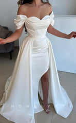 L1417 - Sexy Satin Off-Shoulder Empire Ruched Detachable Overskirt Party Prom Evening Dress
