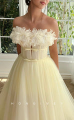 L1418 - Sexy Tulle A-Line Empire Strapless Sleeveless Floral Party Prom Evening Dress