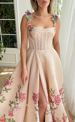 L1419 - Sexy Satin A-Line Empire Square Floral Spaghetti Straps With Side Slit Party Prom Evening Dress