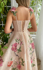 L1419 - Sexy Satin A-Line Empire Square Floral Spaghetti Straps With Side Slit Party Prom Evening Dress