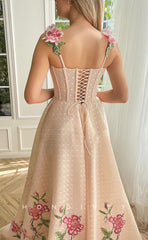 L1419 - Sexy Satin A-Line Empire Square Floral Spaghetti Straps With Side Slit Party Prom Evening Dress