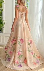 L1419 - Sexy Satin A-Line Empire Square Floral Spaghetti Straps With Side Slit Party Prom Evening Dress