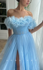 L1420 - Sexy Tulle Illusion A-Line Empire Off-Shoulder With Side Slit Party Prom Evening Dress
