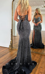 L1423 - Sexy Fitted Fully Beaded V-Neck Spaghetti Straps With Side Slit Party Prom Evening Dress