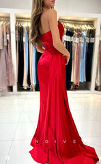 L1425 - Sexy Fitted Red V-Neck Strapless Ruched With Side Slit Train Party Prom Evening Dress