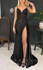 L1432 - Sexy Fitted Satin V-Neck Spaghetti Straps Ruched Appliques With Side Slit Party Prom Evening Dress