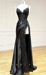 L1432 - Sexy Fitted Satin V-Neck Spaghetti Straps Ruched Appliques With Side Slit Party Prom Evening Dress
