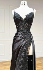 L1432 - Sexy Fitted Satin V-Neck Spaghetti Straps Ruched Appliques With Side Slit Party Prom Evening Dress