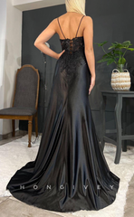 L1432 - Sexy Fitted Satin V-Neck Spaghetti Straps Ruched Appliques With Side Slit Party Prom Evening Dress