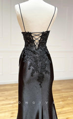 L1432 - Sexy Fitted Satin V-Neck Spaghetti Straps Ruched Appliques With Side Slit Party Prom Evening Dress