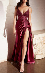 L1432 - Sexy Fitted Satin V-Neck Spaghetti Straps Ruched Appliques With Side Slit Party Prom Evening Dress