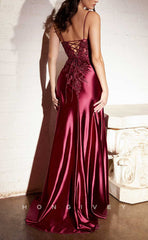L1432 - Sexy Fitted Satin V-Neck Spaghetti Straps Ruched Appliques With Side Slit Party Prom Evening Dress