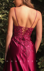L1432 - Sexy Fitted Satin V-Neck Spaghetti Straps Ruched Appliques With Side Slit Party Prom Evening Dress