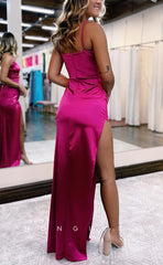 L1433 - Sexy Fitted Satin V-Neck Spaghetti Straps Ruched With Side Slit Party Prom Evening Dress