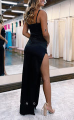 L1433 - Sexy Fitted Satin V-Neck Spaghetti Straps Ruched With Side Slit Party Prom Evening Dress