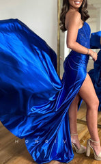 L1434 - Sexy Fitted Satin Bateau Strapless Ruched With Side Slit Train Party Prom Evening Dress