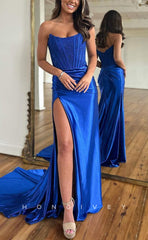 L1434 - Sexy Fitted Satin Bateau Strapless Ruched With Side Slit Train Party Prom Evening Dress