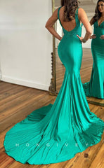 L1436 - Sexy Trumpt Satin V-Neck Straps Backless With Train Party Prom Evening Dress