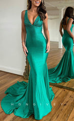 L1436 - Sexy Trumpt Satin V-Neck Straps Backless With Train Party Prom Evening Dress
