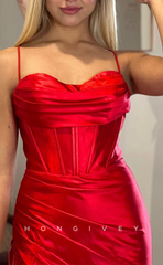 L1437 - Sexy Satin Red Sweetheart Spaghetti Straps Ruched With Side Slit Party Prom Evening Dress