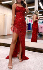 L1440 - Sexy Fitted Glitter Asymmetrical Square Spaghetti Straps Sequined Beaded Fringe Party Prom Evening Dress