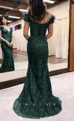 L1455 - Sexy Trumpt Glitter Off-Shoulder Feathers Appliques Party Prom Evening Dress
