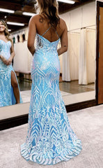 L1457 - Sexy Fitted Satin Glitter Sweetheart Spaghetti Straps With Side Slit Party Prom Evening Dress