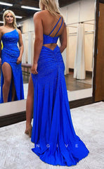 L1458 - Sexy Glitter One Shoulder Ruched With Side Slit Party Prom Evening Dress