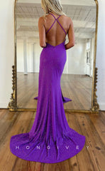 L1463 - Sexy Fitted Glitter V-Neck Crisscross Back With Sweep Train Party Prom Evening Dress