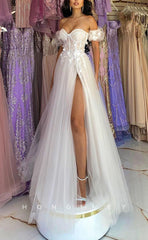 L1467 - Sexy Tulle Illusion A-Line Sweetheart Strapless Puff Sleeves Gown Party Prom Evening Dress
