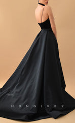 L1478 - Sexy Satin A-Line Plunging  V-Neck Spaghetti Straps Empire With Side Slit Party Prom Evening Dress