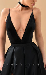 L1478 - Sexy Satin A-Line Plunging  V-Neck Spaghetti Straps Empire With Side Slit Party Prom Evening Dress