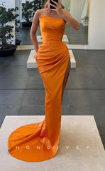 L1482 - Sexy Satin Asymmetrical Strapless Empire Ruched With Side Slit Train Party Prom Evening Dress