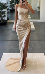 L1482 - Sexy Satin Asymmetrical Strapless Empire Ruched With Side Slit Train Party Prom Evening Dress