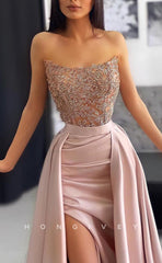 L1484 - Sexy Fitted Satin Appliques Bateau Sleeveless With Side Slit Train Party Prom Evening Dress