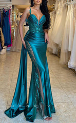L1495 - Sexy Illusion Satin Fitted Sweetheart Spaghetti Straps Empire Ruched With Train Party Prom Evening Dress