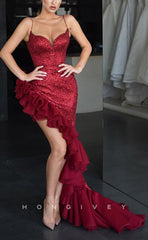 L1497 - Chic Fitted Satin Red Sweetheart Spaghetti Straps Empire Ruffled Party Prom Evening Dress