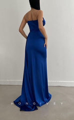 L1498 - Sexy Fitted Satin V-Neck Spaghetti Straps Pleats With Side Slit Train Party Prom Evening Dress