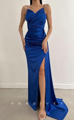 L1498 - Sexy Fitted Satin V-Neck Spaghetti Straps Pleats With Side Slit Train Party Prom Evening Dress