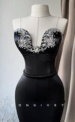 L1501 - Sexy Fitted Satin Asymmetrical Sleeveless Empire Appliques Train  Party Prom Evening Dress