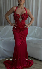 L1502 - Sexy Fitted Red Satin Sweetheart Halter Beaded With Train  Party Prom Evening Dress