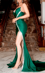 L1504 - Sexy Fitted Satin Glitter One Shoulder V-Neck With Side Slit Train  Party Prom Evening Dress