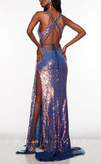 L1506 - Sexy Fitted Glitter V-Neck Spaghetti Straps Ruched With Side Slit  Party Prom Evening Dress